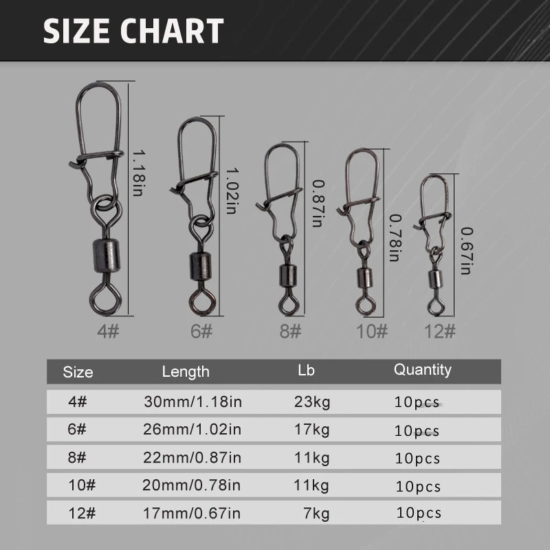 50pc/box Stainless Steel Fishing  Swivel with Snap Fishhook